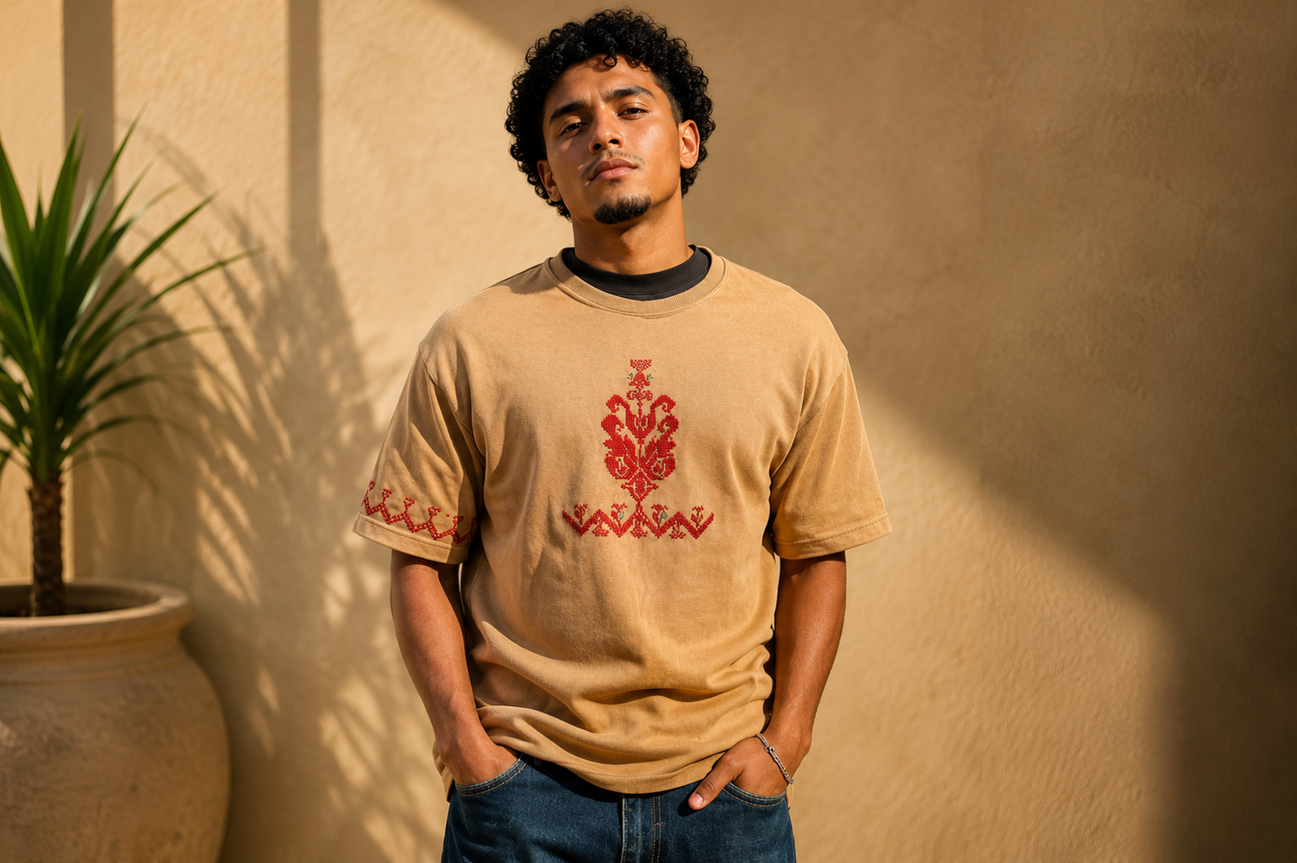 Beige Oversized T-Shirt – Handmade Palestinian Tatreez Embroidery