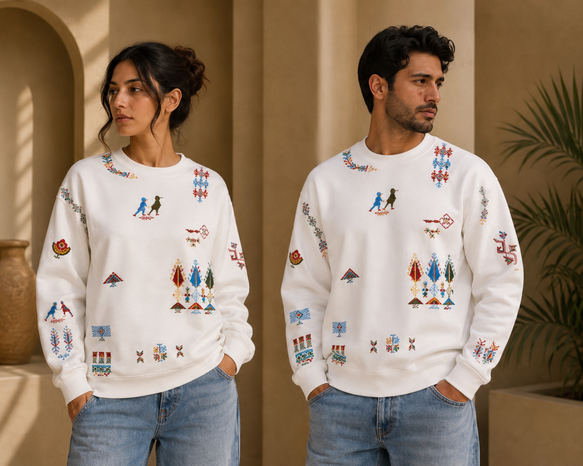 White Sweatshirt – Vibrant Hand-Embroidered Palestinian Motifs | Tatreez Banatna