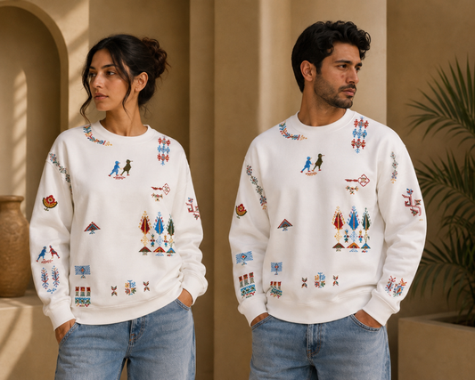 White Sweatshirt – Handmade Vibrant Palestinian Tatreez Motifs