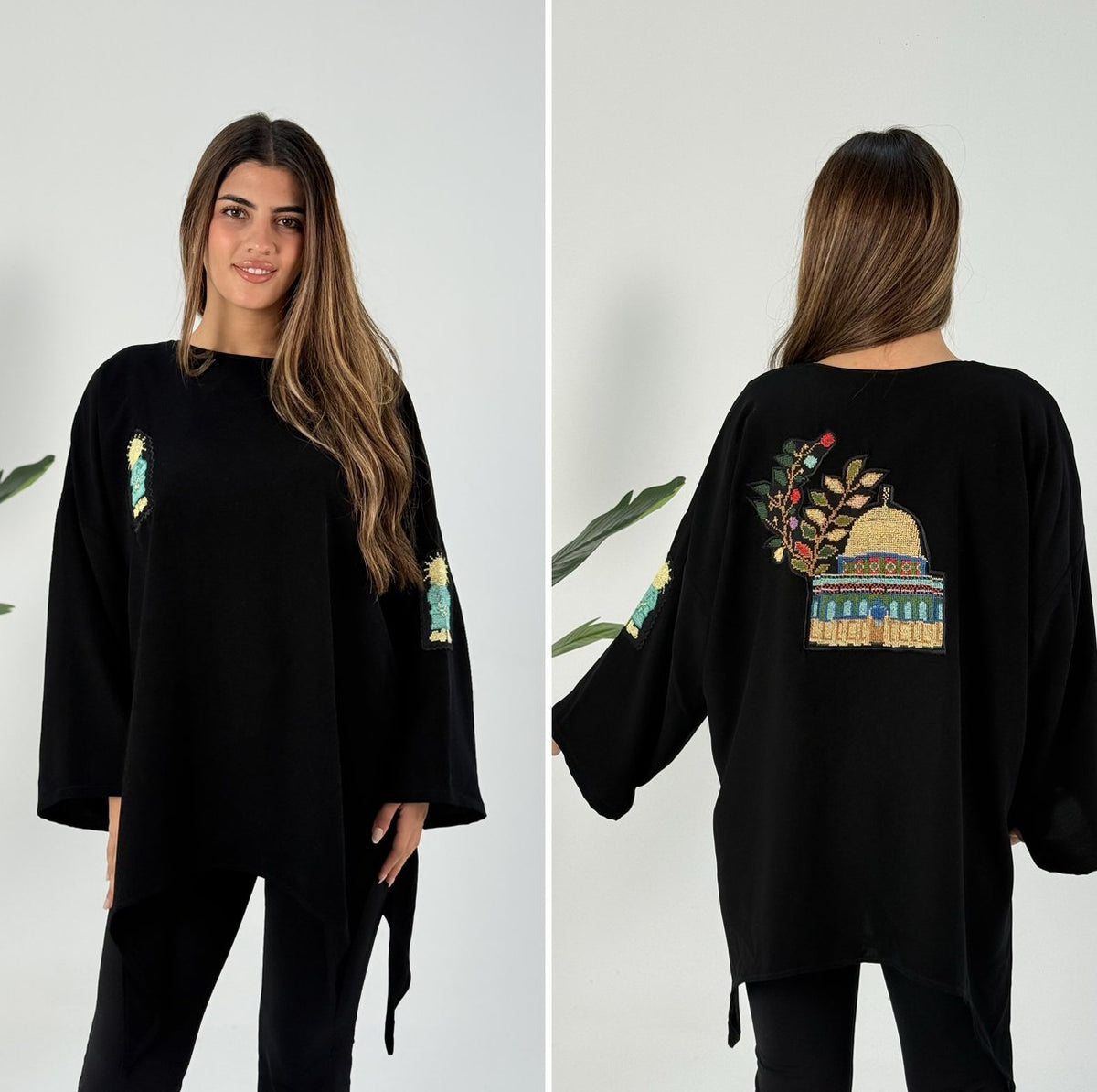 Wallada black free-size top with hand-embroidered Handala and Al-Quds tatreez – Tatreez Banatna