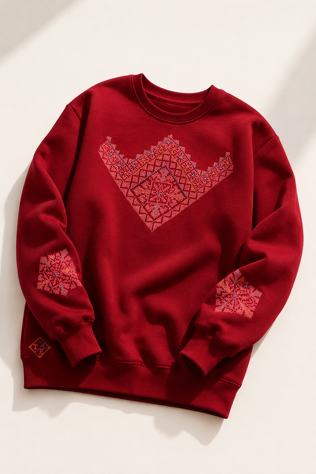 Burgundy Sweatshirt – Handmade Turquoise & Pink Palestinian Tatreez