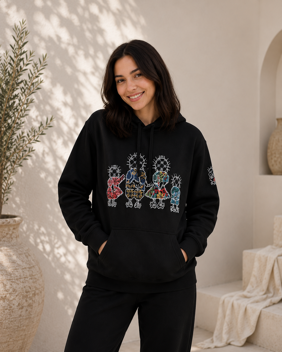 Black Handala Hoodie – Lightweight Handmade Palestinian Tatreez