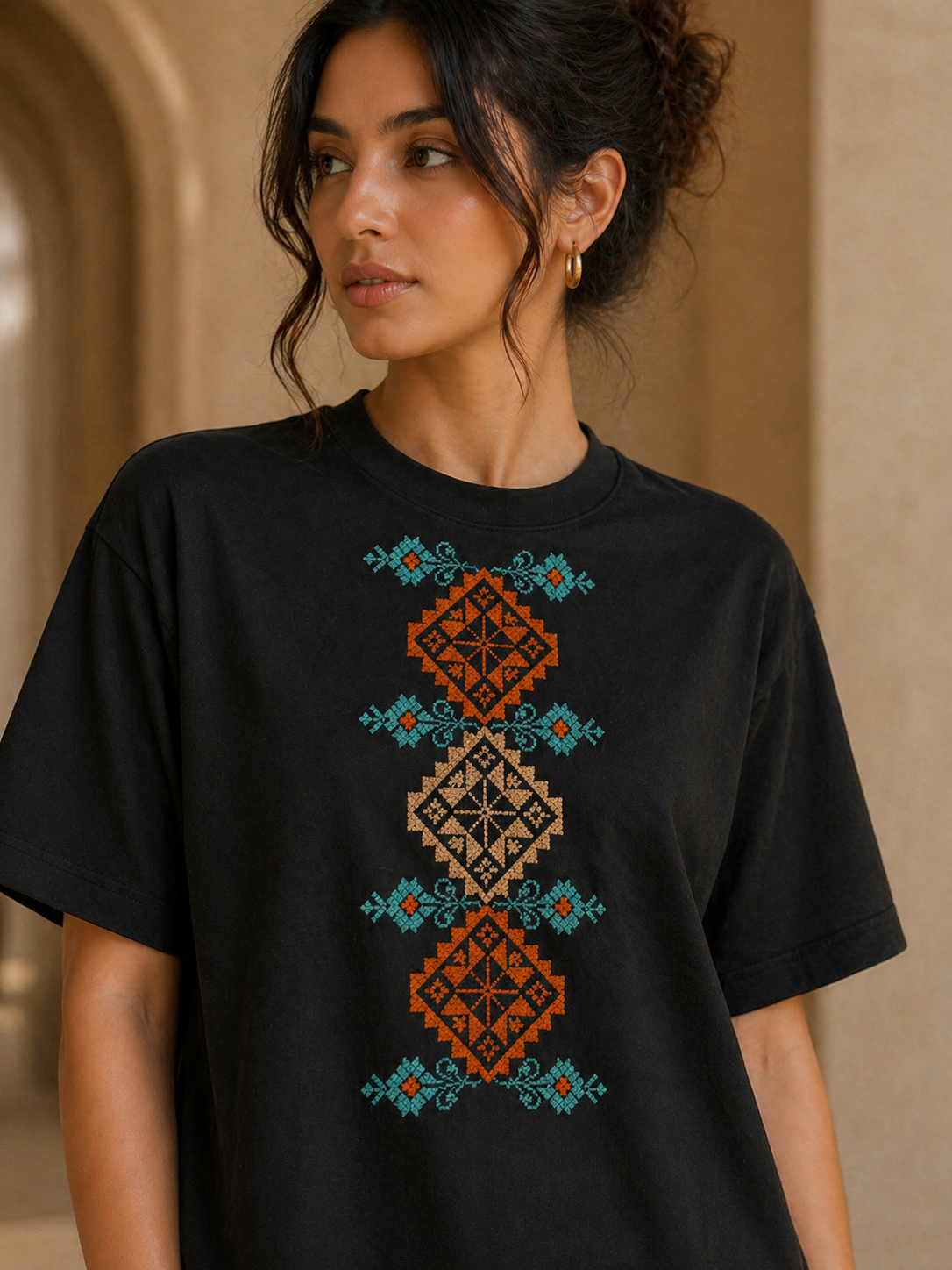 Moon T-Shirt: Handmade Oversized Tee with Palestinian Moon & Flower Embroidery