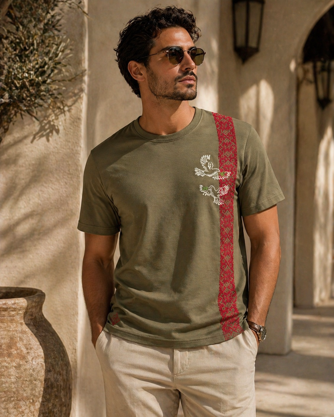 Salam: Handmade T-Shirt with Dove of Peace & Zeitoun Leaf Design