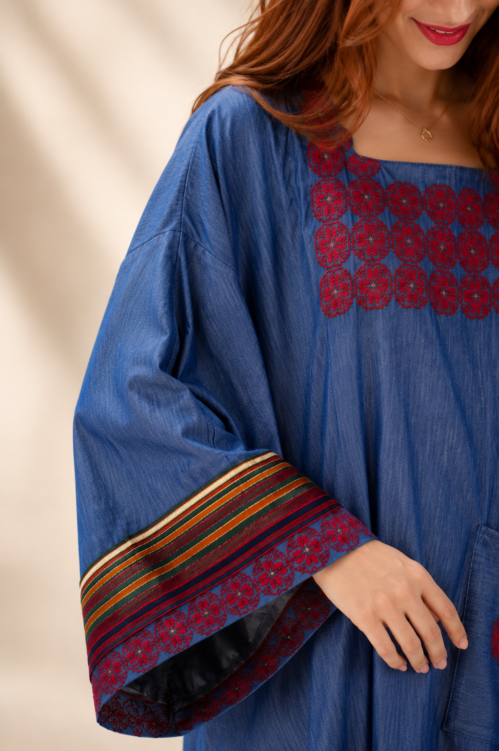 Tulip Denim Abaya Dress – Handmade Palestinian Tatreez