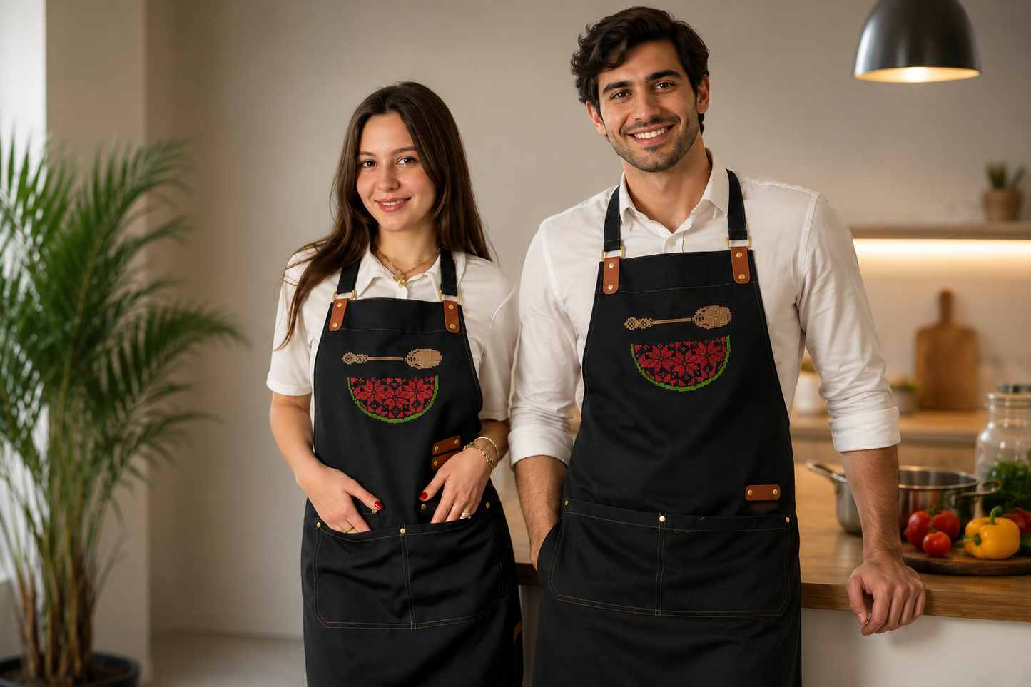 Black Waterproof Apron with Watermelon Embroidery | Handmade