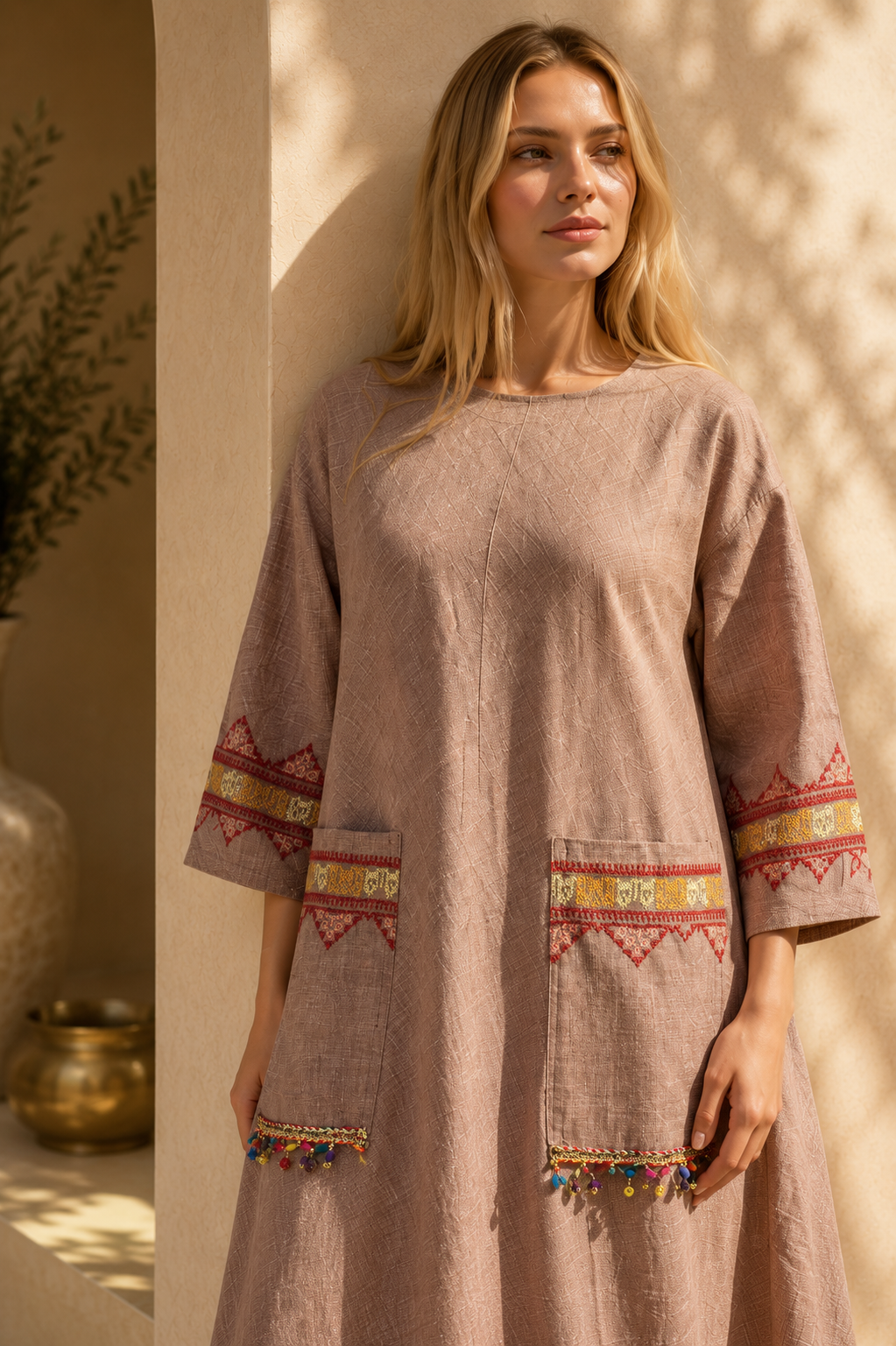 Handmade Fushion Abaya Beige with Tatreez Embroidery