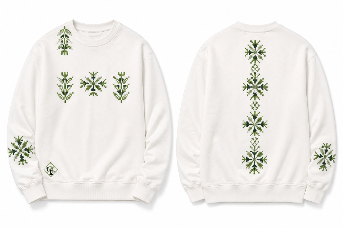 White Sweatshirt – Hand-Embroidered Olive Tree Tatreez – photo 4 | Tatreez Banatna