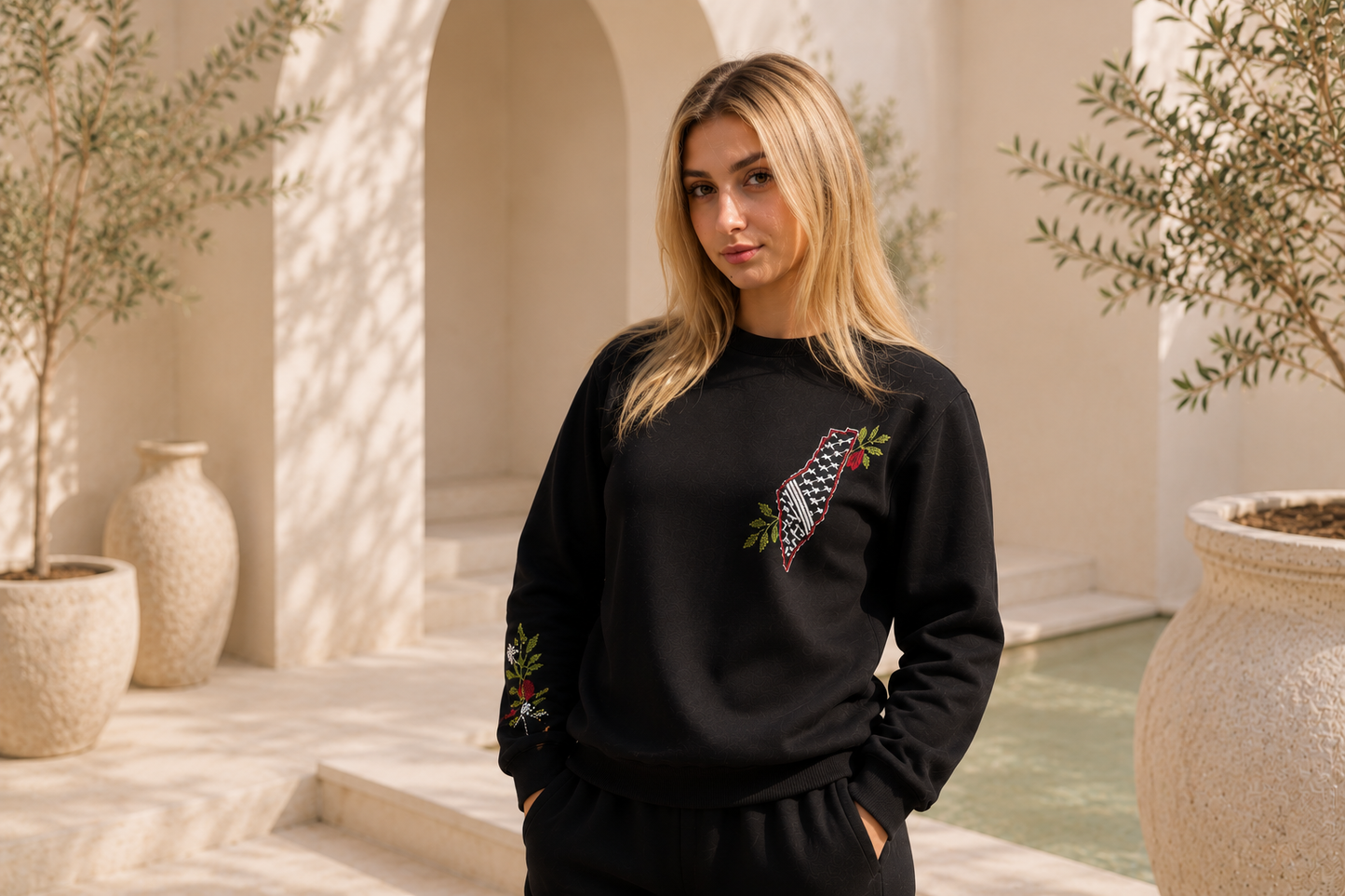 Sweatshirt – Handmade Palestinian Map & Olive Branch Tatreez