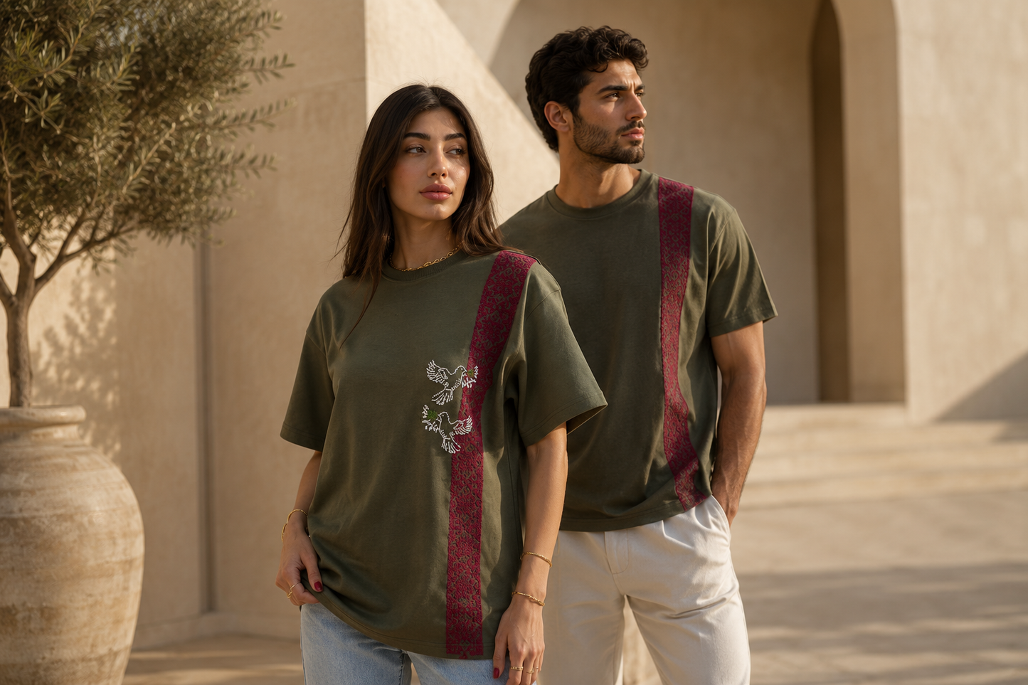 Salam: Handmade T-Shirt with Dove of Peace & Zeitoun Leaf Design