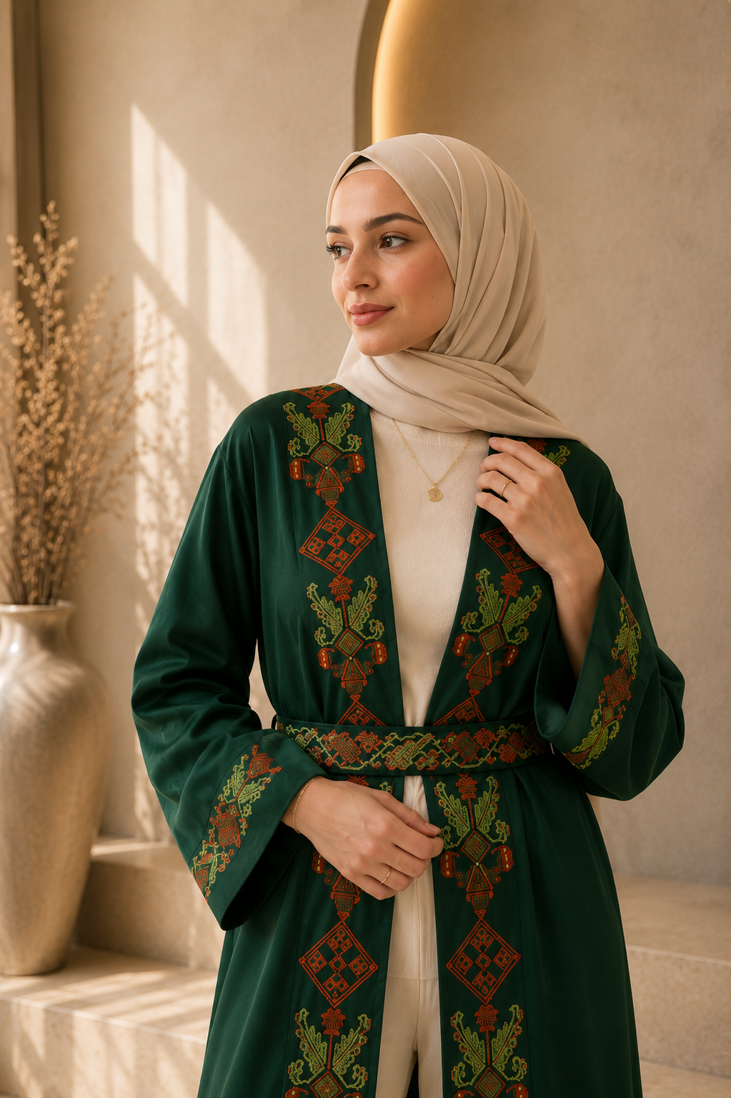 Green Abaya Robe – Handmade Palestinian Tatreez | Custom Sizes