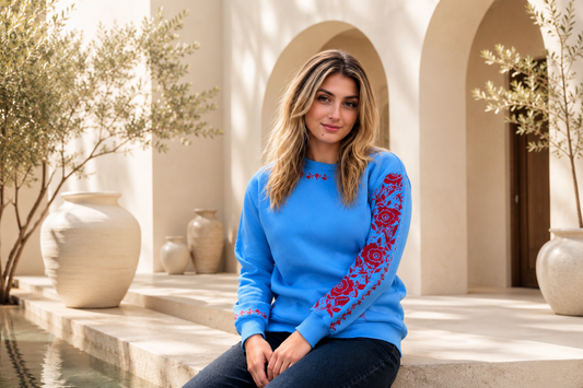 Bright Blue Sweatshirt – Handmade Red Palestinian Tatreez