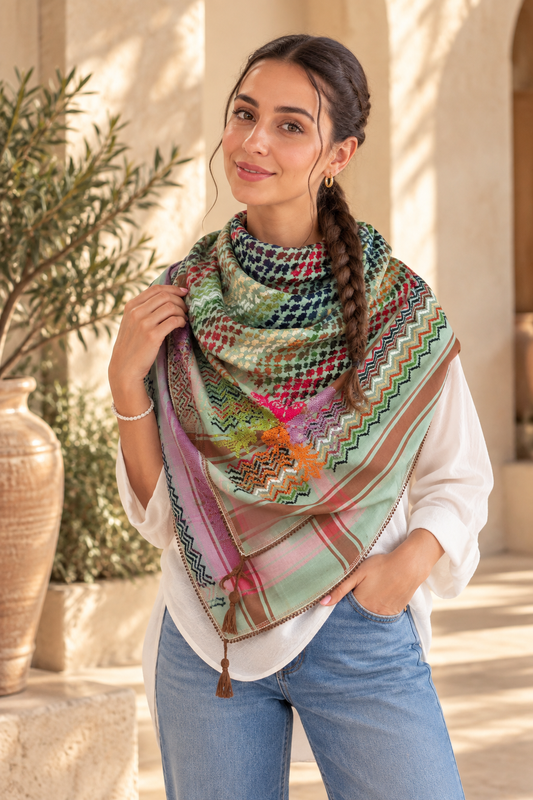 Vibrant Green KKeffiyeh – Colorful Hand-Embroidered Palestinian Tatreez