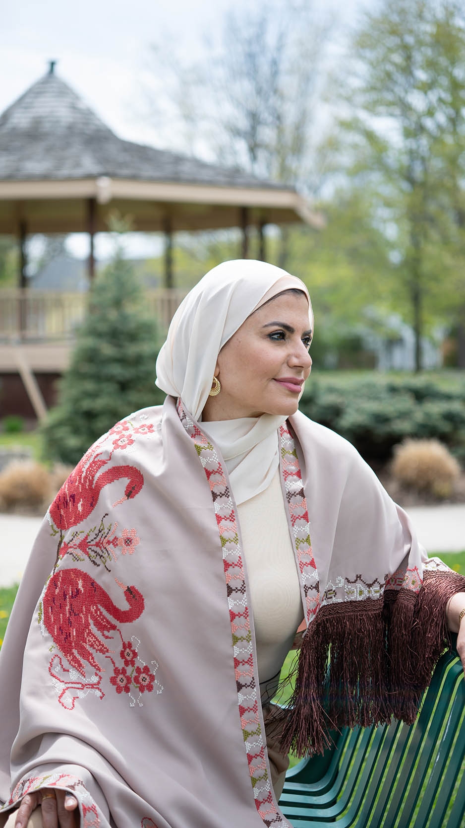 Swan Embroidered Georgette Shawl | Tatreez Banatna