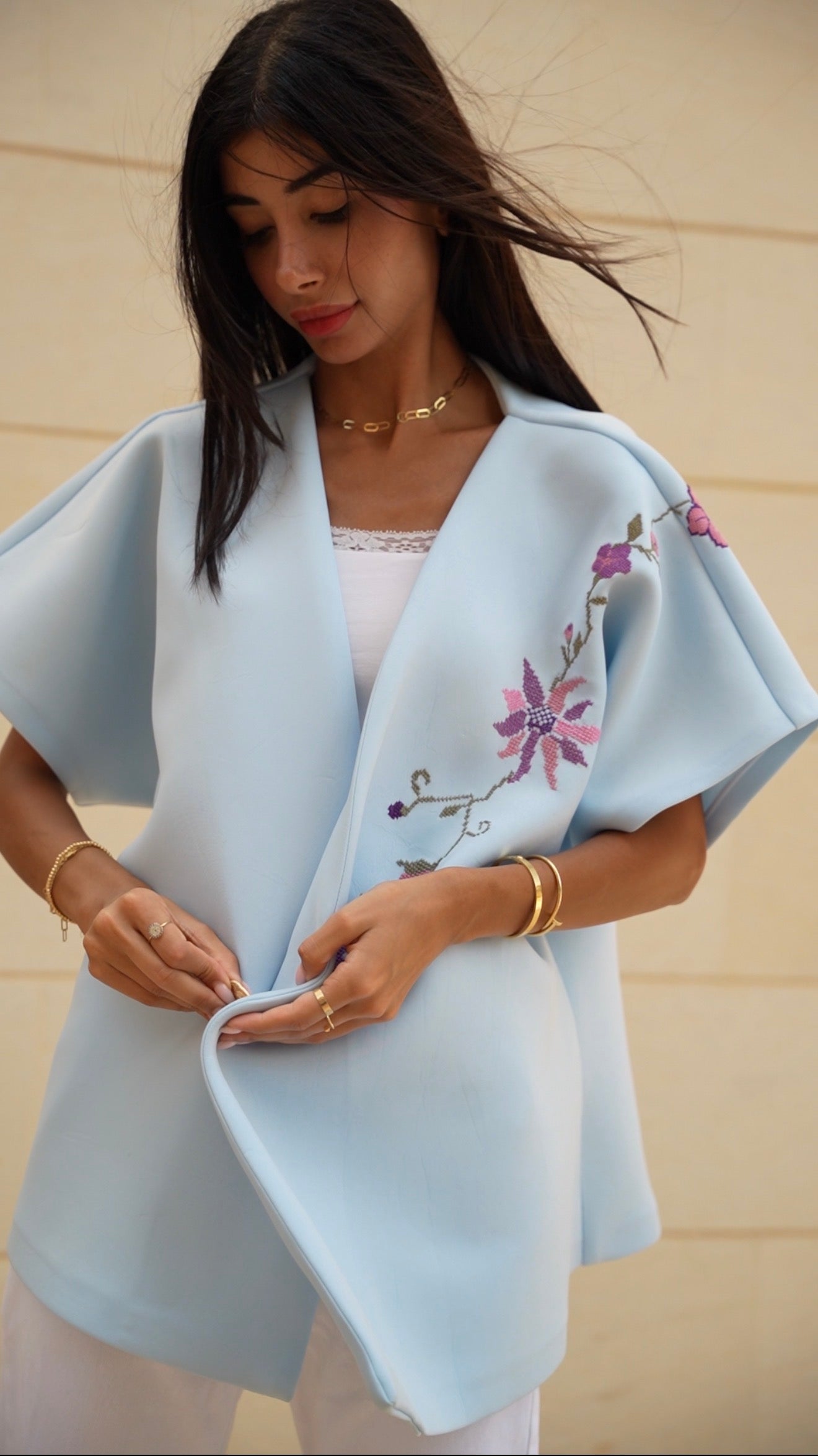 Merimade Elegant Aquamarine Scuba Top with Handmade Embroidery