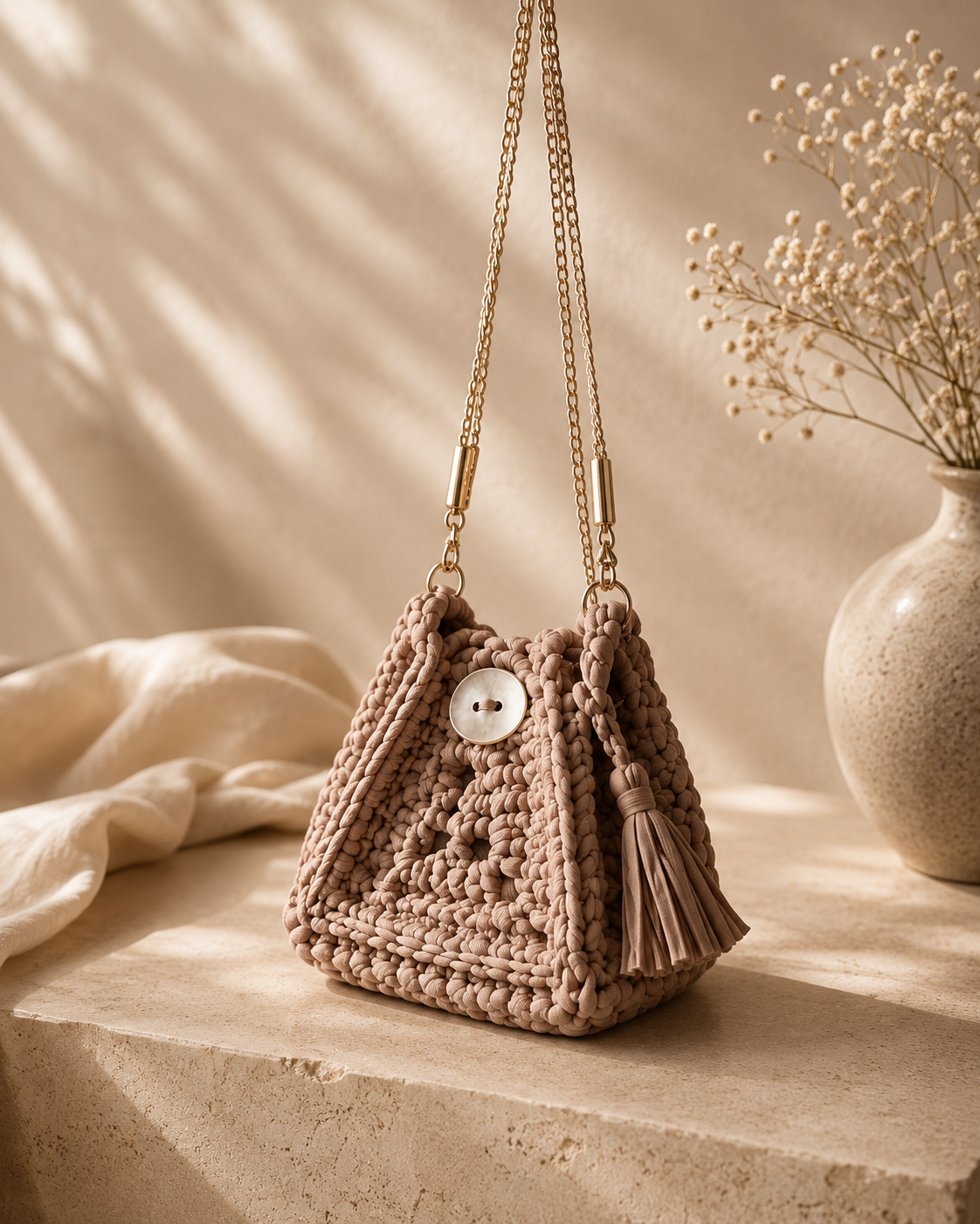 Sunkissed Mini Crochet Bucket Bag – Gold Chain | Rand Sac