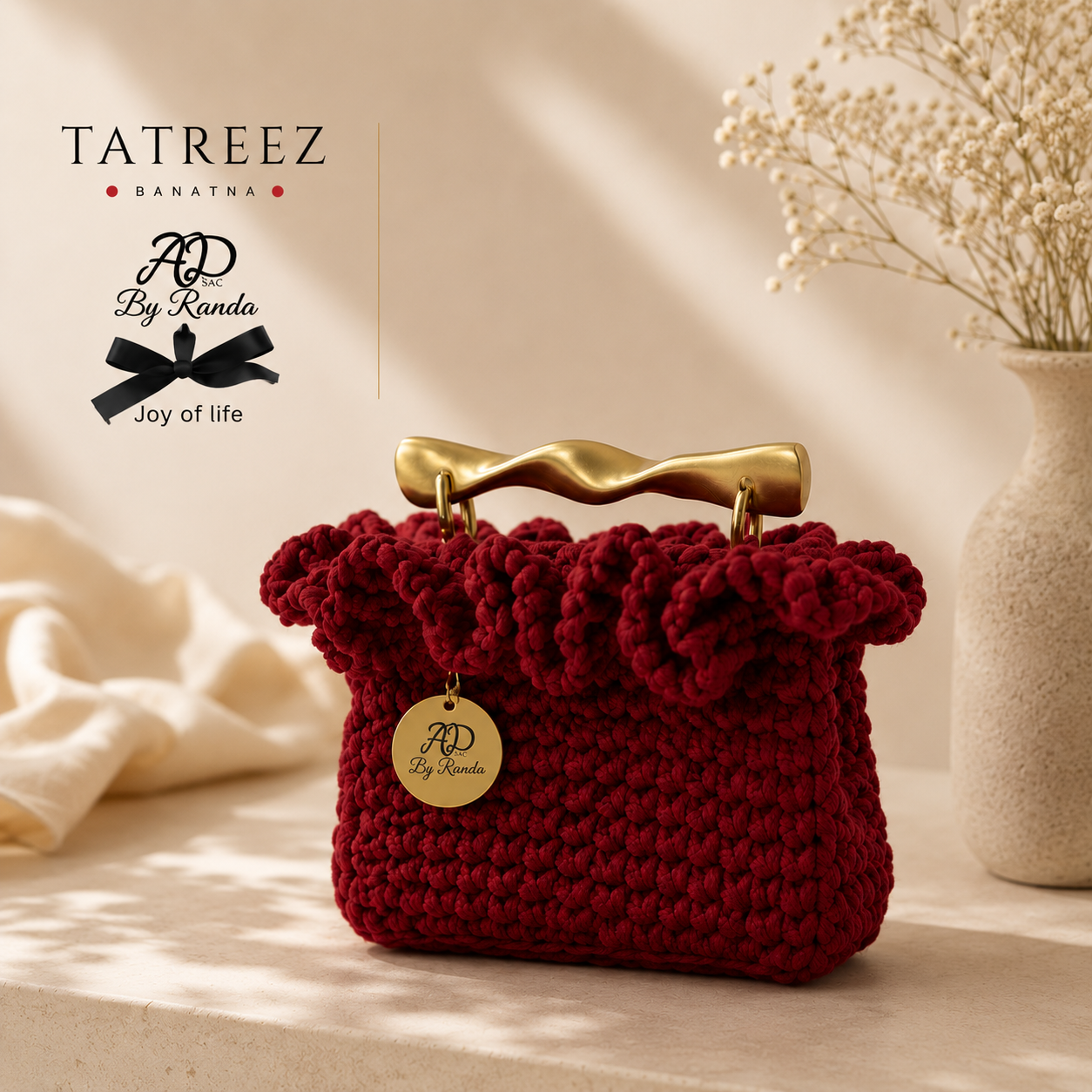 Glamour in Red: Chic Deep Red Crochet Clutch with Metallic Golden Handle | Unique Handmade by Rand Sac by Randa