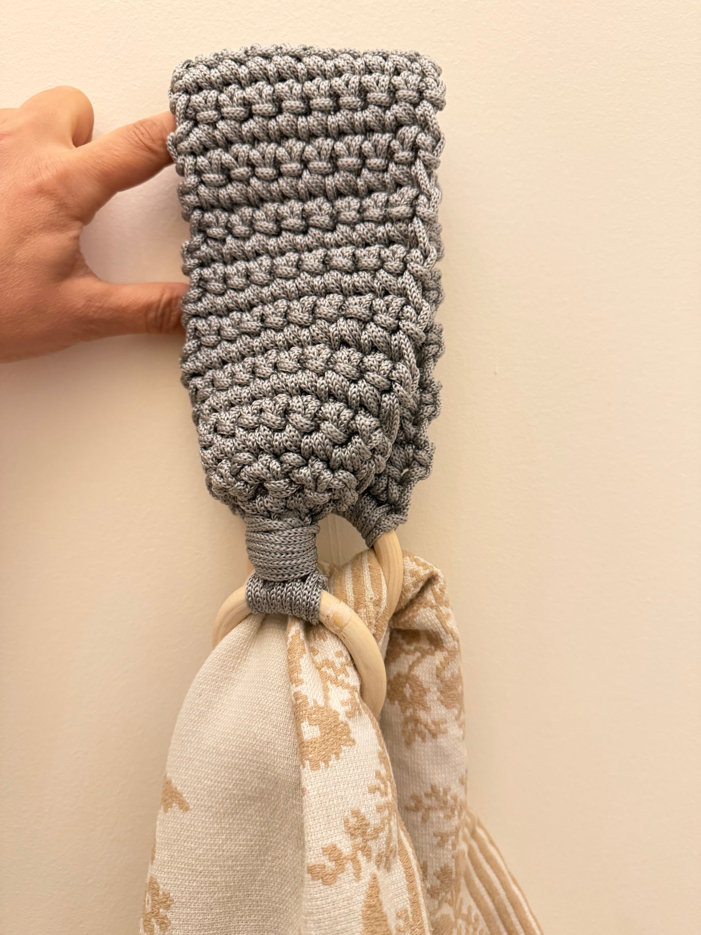 Handmade Crochet Kitchen Towel Hanger | Grey Boho Holder