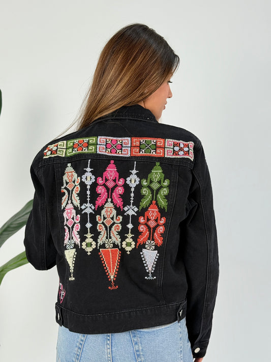 Dalla Jacket: Black with Handcrafted Palestinian Embroidery in Vibrant Colors