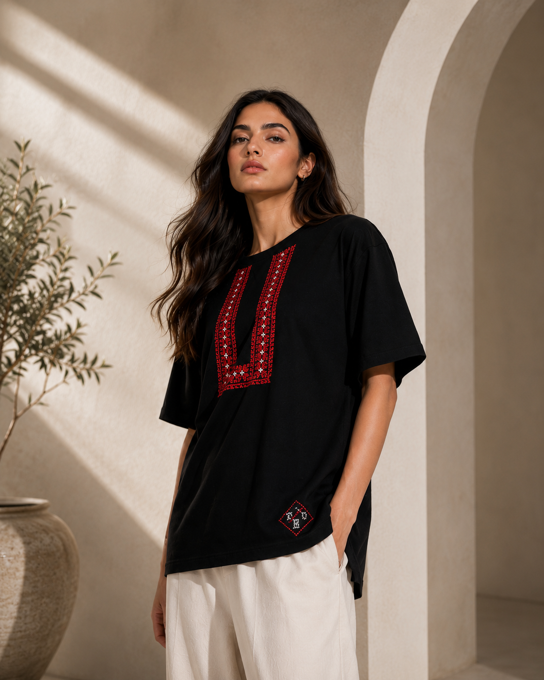 Handmade Black Qubba Embroidered T-Shirt