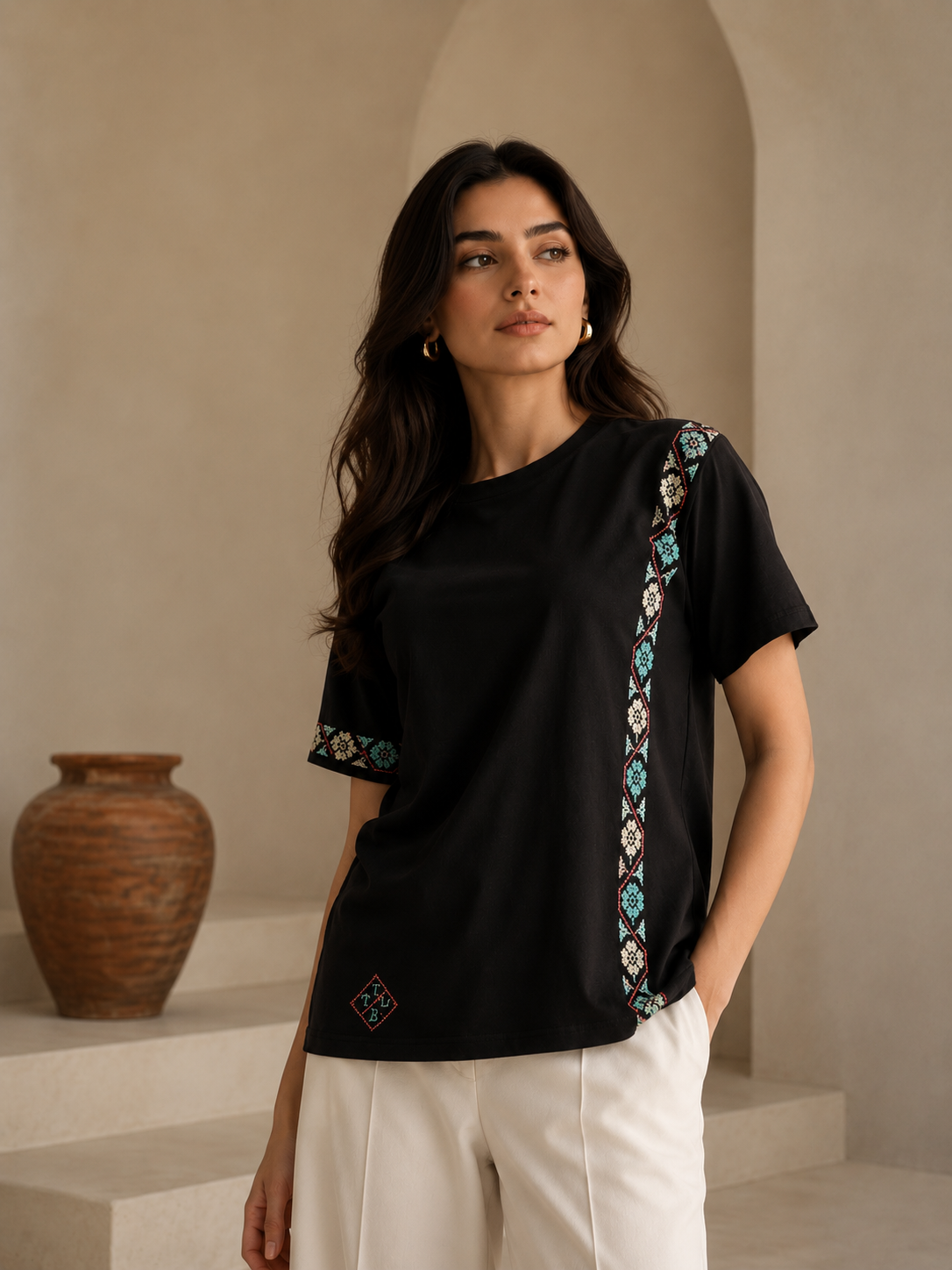 Harmony Black T-Shirt – Handmade Teal & Peach Flower Tatreez