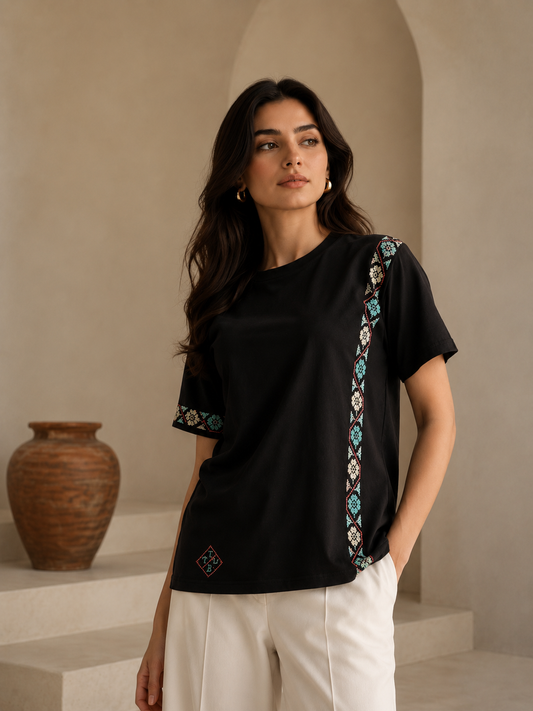 Harmony Black T-Shirt – Handmade Teal & Peach Flower Tatreez