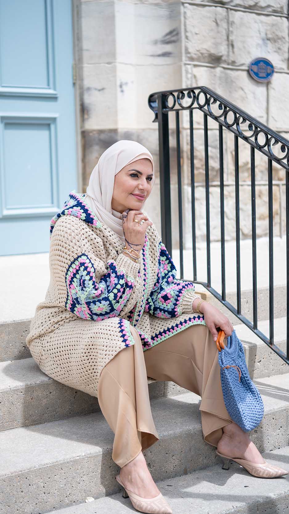 Handmade Crochet Beige Cardigan with Bright Colors | Tatreez Banatna