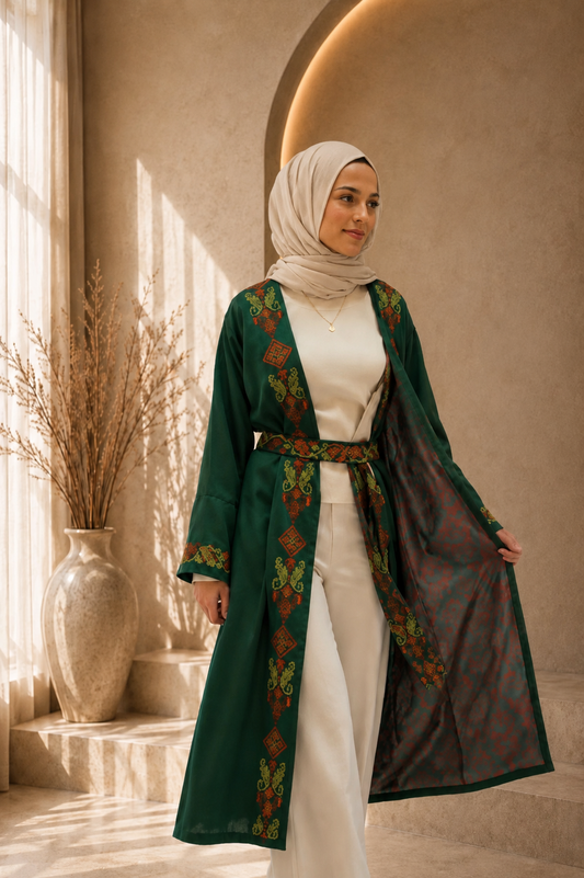 Green Abaya Robe – Handmade Palestinian Tatreez | Custom Sizes