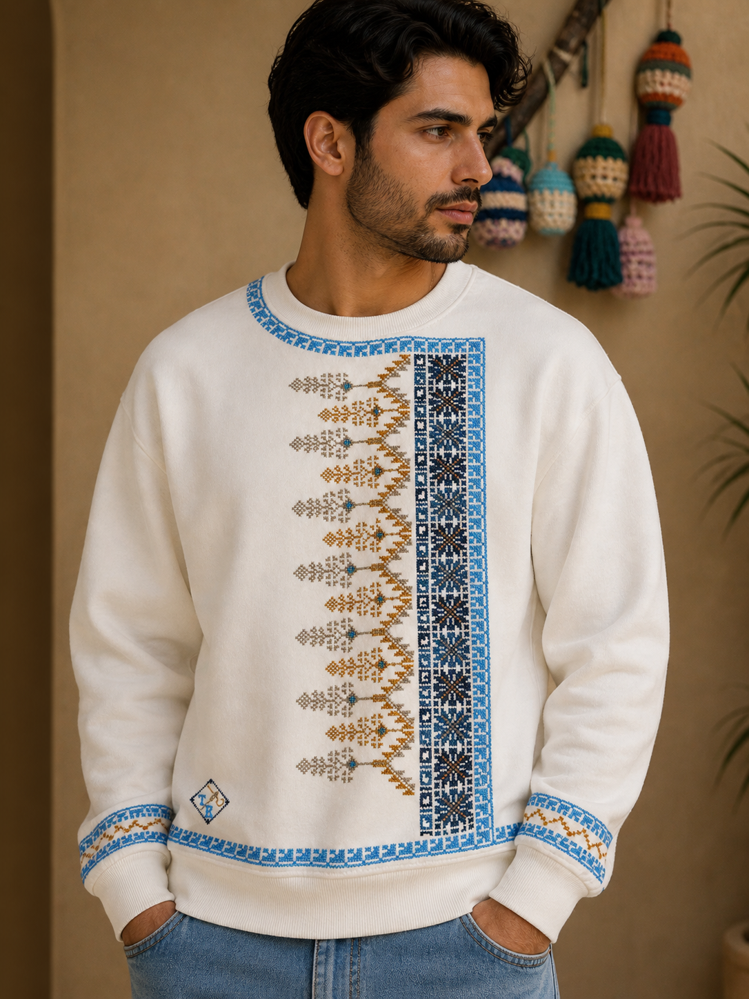 Seher Handmade White Sweater | Magical Palestinian Embroidery in Ocean & Sand Colors
