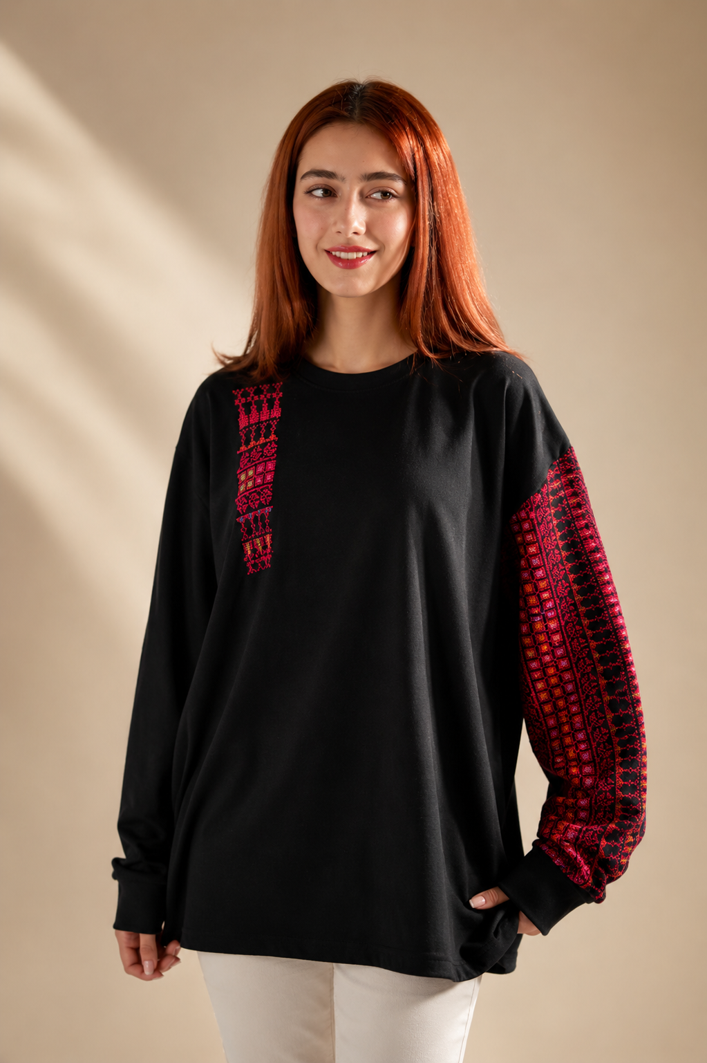 Bissan Handcrafted Black Long Sleeve Cotton Top with Embroidery