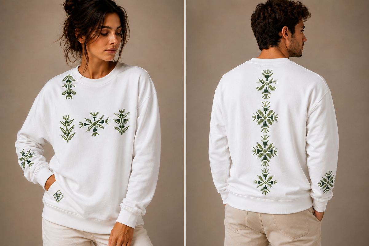 White Sweatshirt – Hand-Embroidered Olive Tree Tatreez | Tatreez Banatna