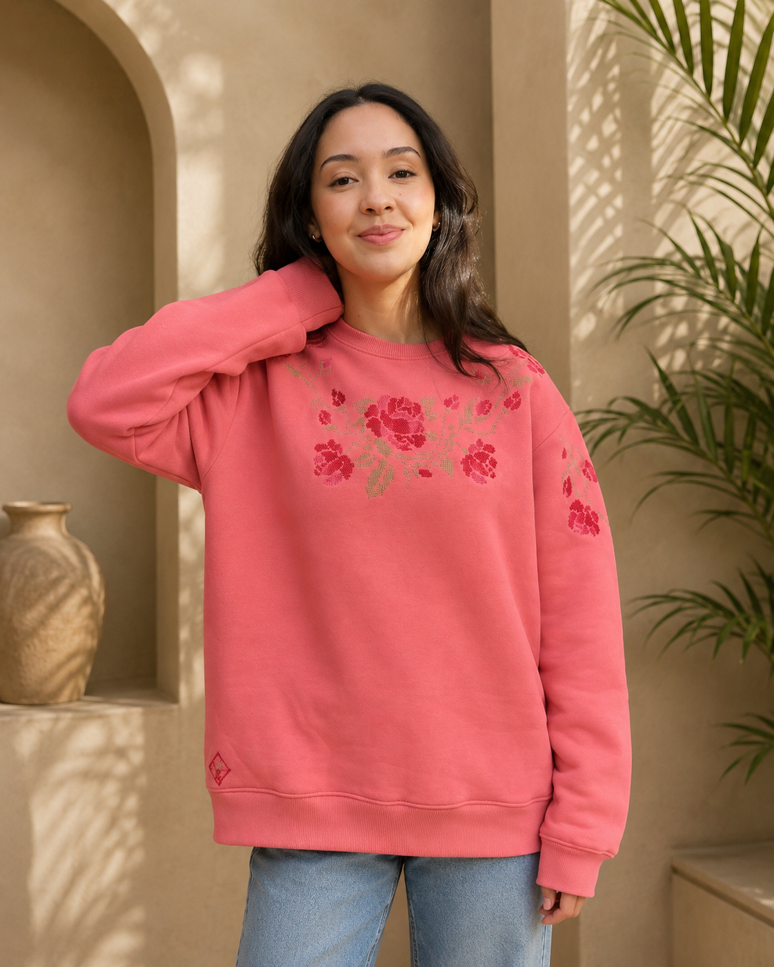 Dreamy Flower Sweater – Hand-Embroidered Palestinian Tatreez