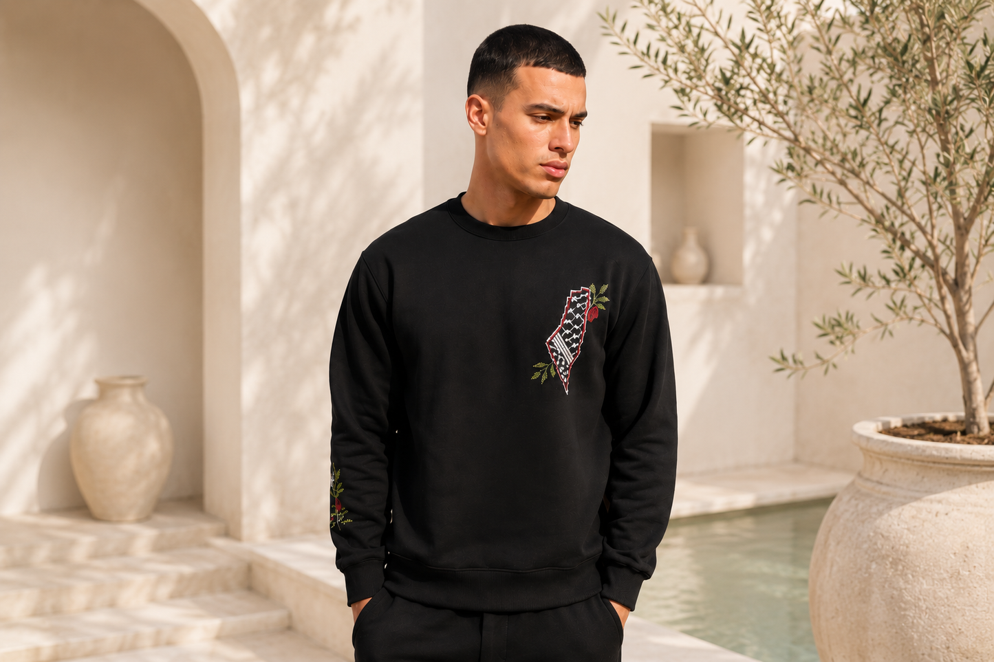 Sweatshirt – Handmade Palestinian Map & Olive Branch Tatreez