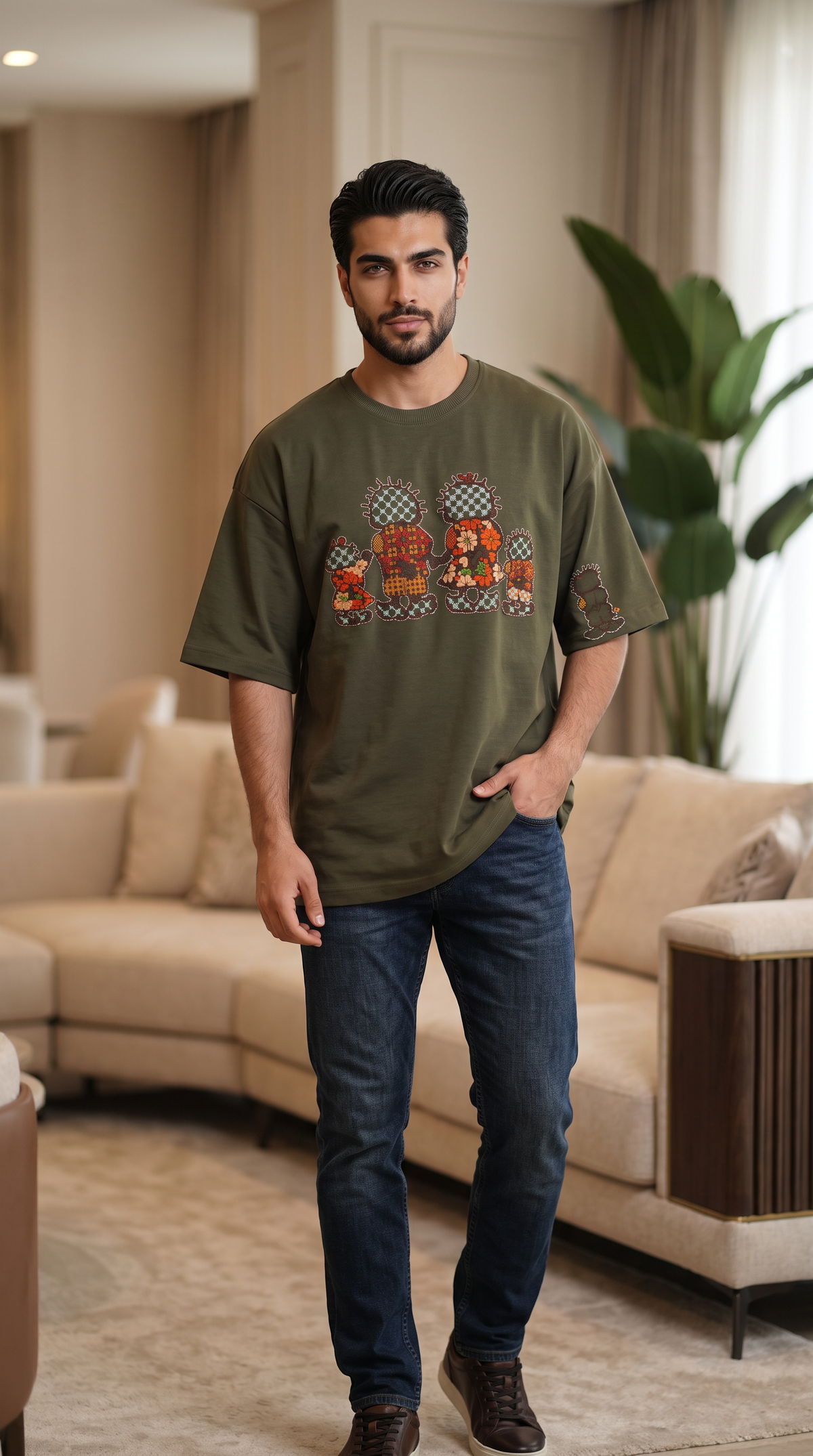 Olive Oversize T-Shirt – Hand-Embroidered Handhala Palestinian Tatreez