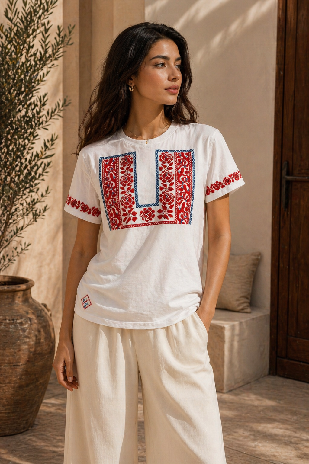 Dalal: Handmade White Oversized T-Shirt with Palestinian Embroidery