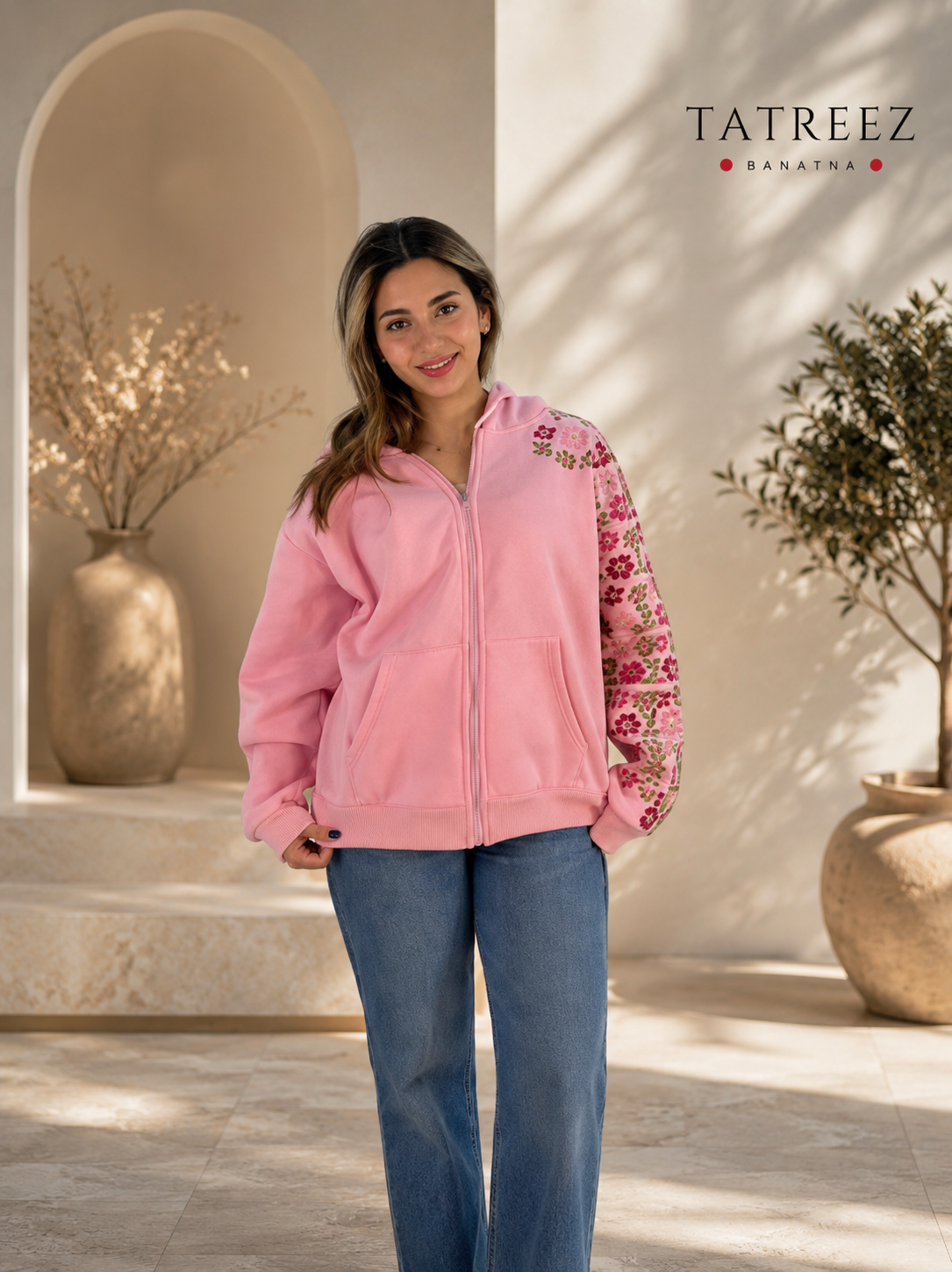 Pink Zipper Hoodie – Handmade Flower Palestinian Tatreez