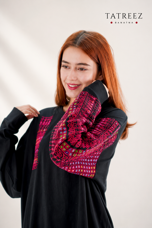 Bissan Handcrafted Black Long Sleeve Cotton Top with Embroidery