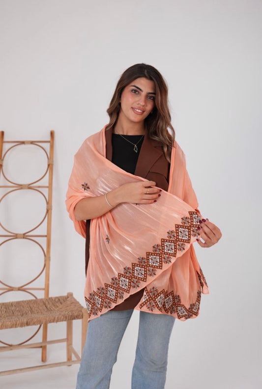 Peach Beaded Shawl – Hand Embroidery | Tatreez Banatna