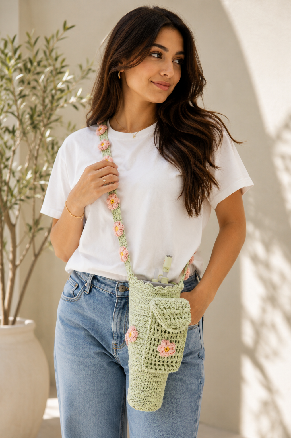 Handmade Crochet Stanley Bottle Cover – Bright Green with Pink Flowers & Pocket | Alize Cotton | Fits 30oz