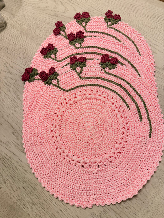 Crochet Round Placemats Pink | Floral Table Decor | Tatreez Banatna