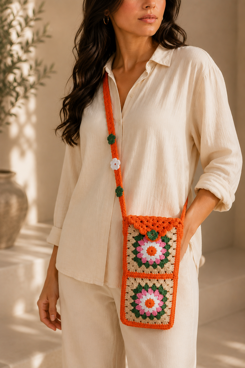 Handmade Crochet Phone Case - Orange, Pink, White, and Beige Flower Granny Squares