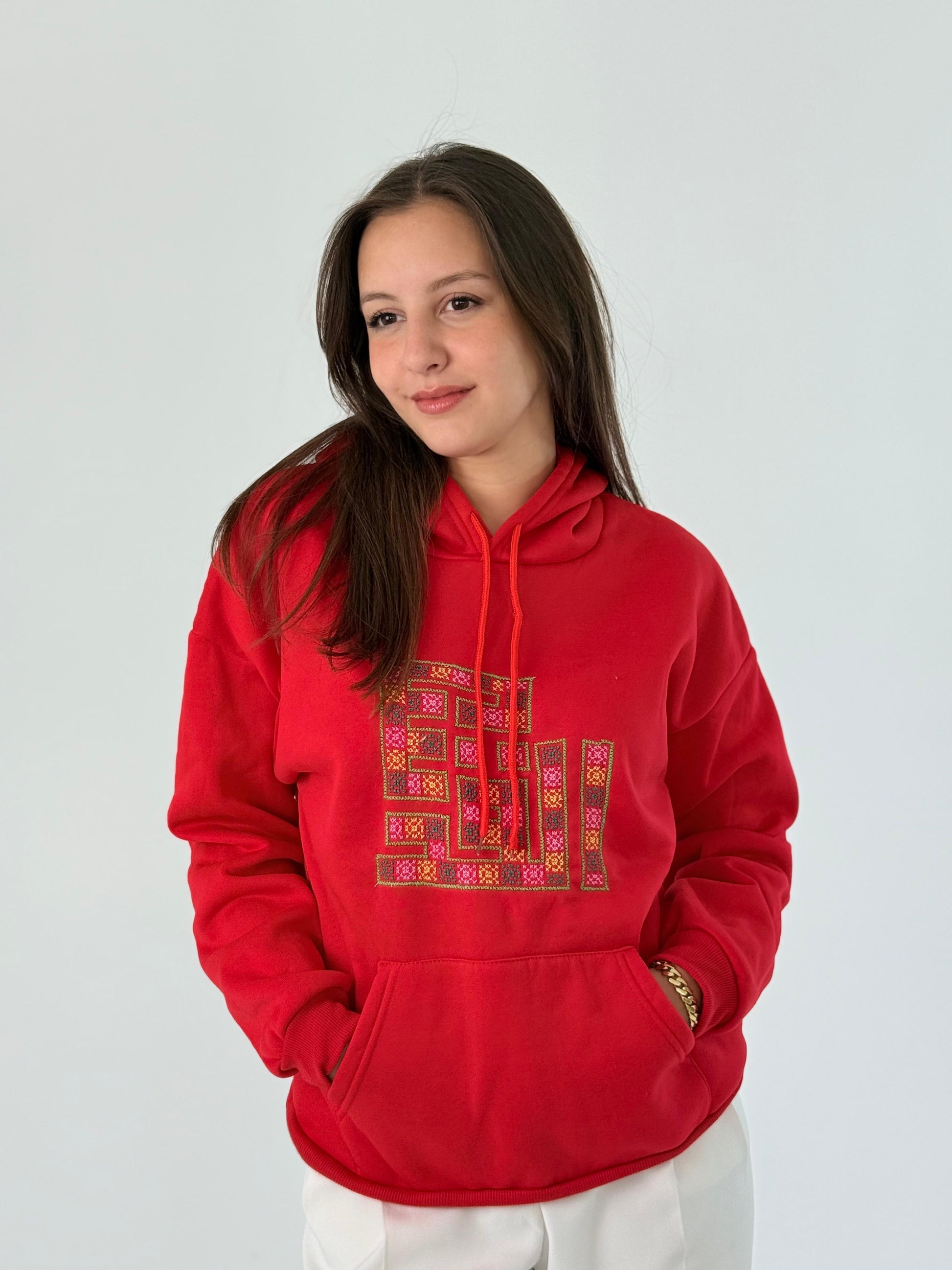 Red hoodie with Al Quds Tatreez embroidery, handmade, medium size.
