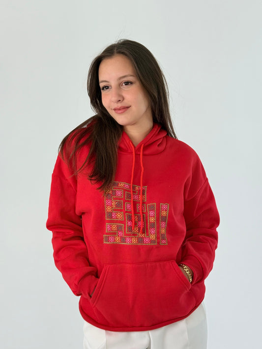 Red hoodie with Al Quds Tatreez embroidery, handmade, medium size.