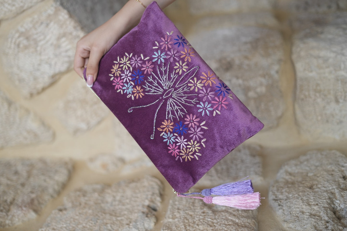 Velvet Clutch with Hand-Embroidered Butterfly & Floral Tatreez | Handmade Bag