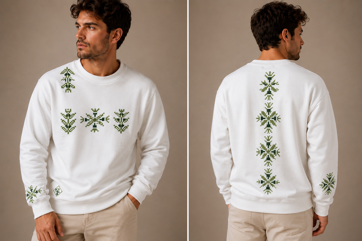 White Sweatshirt – Hand-Embroidered Olive Tree Tatreez – photo 3 | Tatreez Banatna