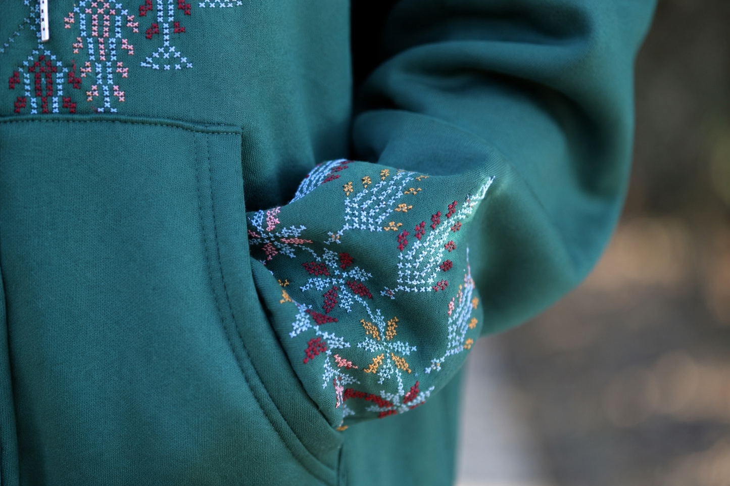 Sahar Green Zipper Hoodie – Handmade Palestinian Floral Tatreez