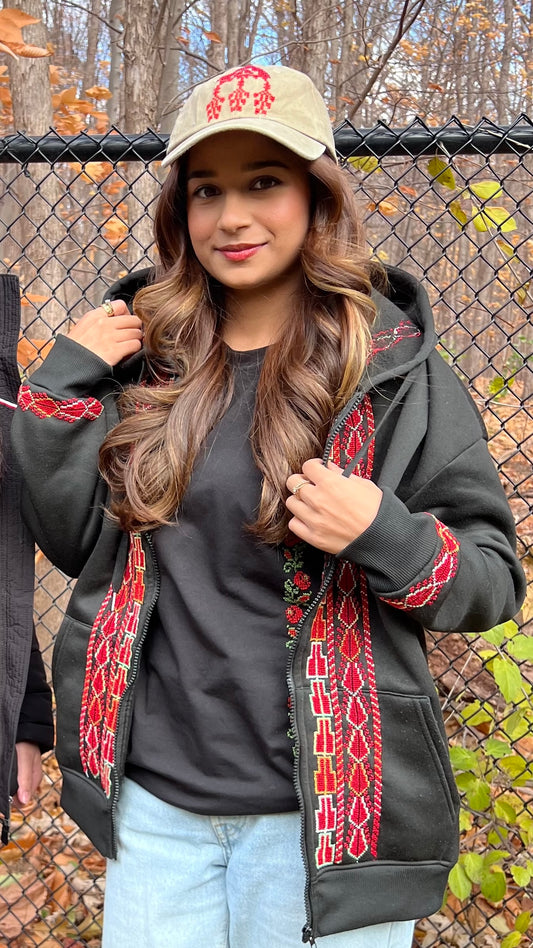 Beautiful Palestinian Embroidered Hoodie with Zipper Front - Unique Fashion Statement