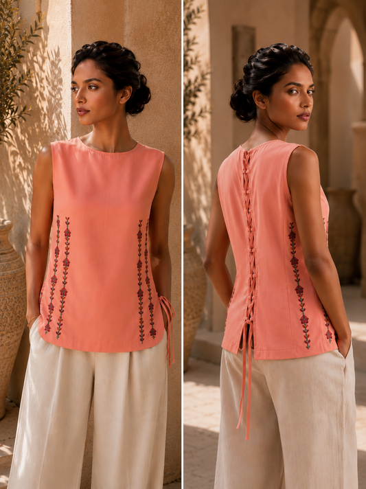 Love: Peach Cut Top with Cross Pattern - Handmade by Palestinian Refugees