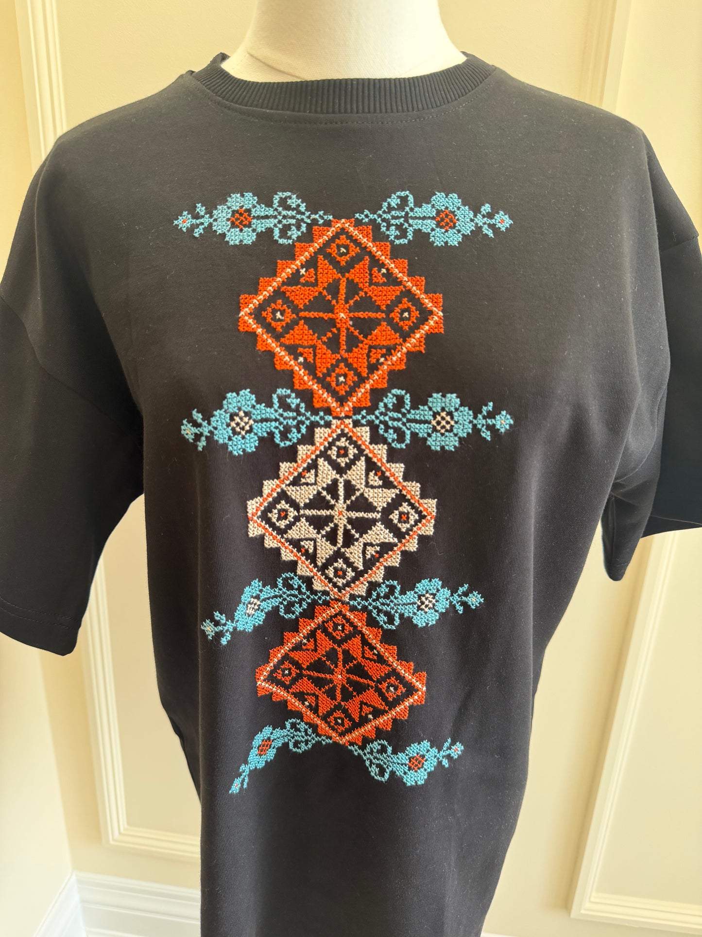 Moon T-Shirt: Handmade Oversized Tee with Palestinian Moon & Flower Embroidery