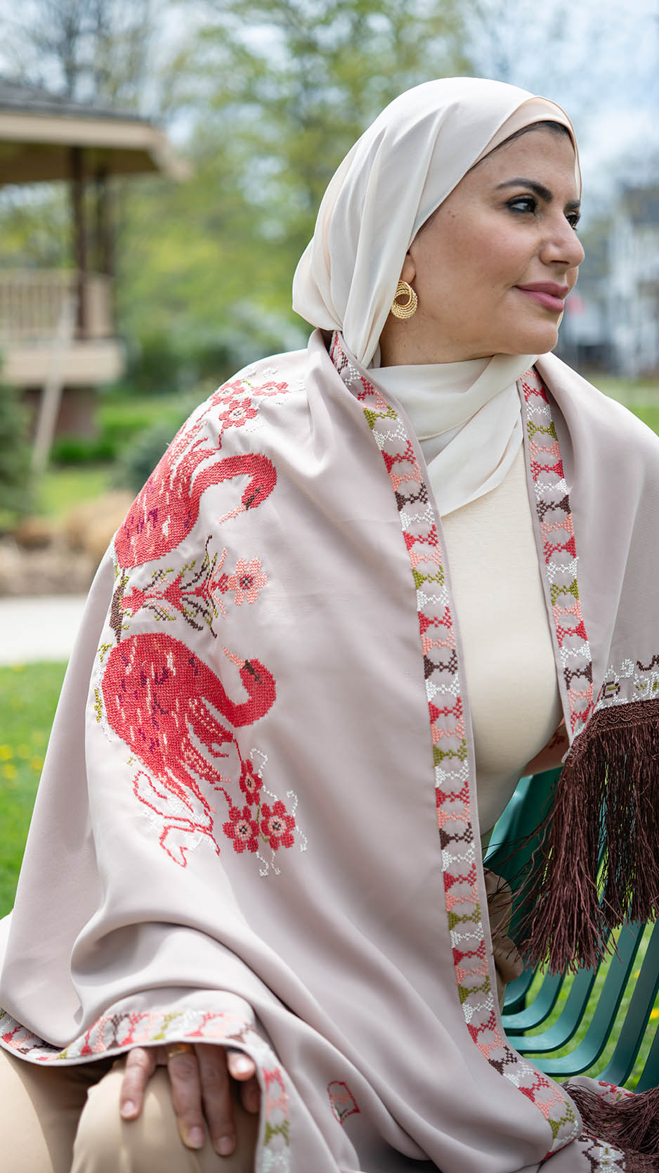 Swan Embroidered Georgette Shawl | Tatreez Banatna
